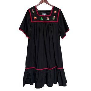 Go Softly Patio Christmas Muumuu Dress XL Black Embroidered Holiday Housecoat